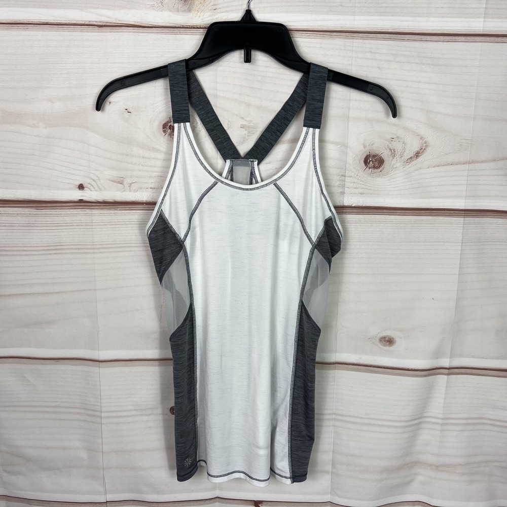 Athleta Top Womens XXS White Gray Runlight Singlet Tank Racerback Sheer Mesh